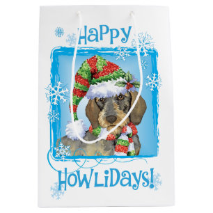 Sacola Para Presentes Média Happy Howlidays Wirehaired Dachshund