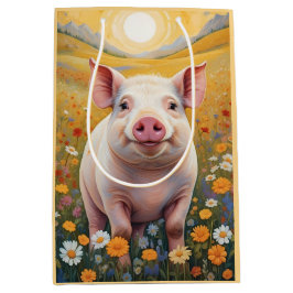 Sacola Para Presentes Média Happy Little Pig Sunny Daisy Field