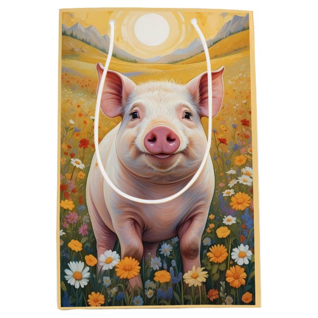 Sacola Para Presentes Média Happy Little Pig Sunny Daisy Field (Frente)
