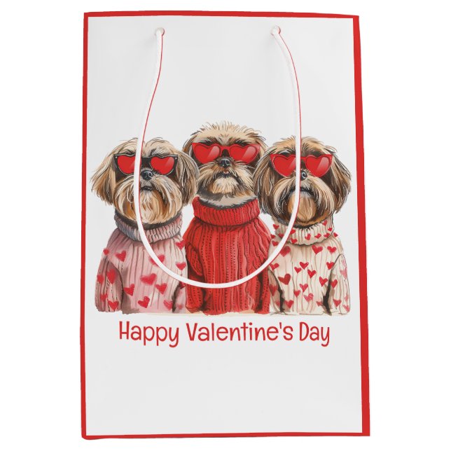 Sacola Para Presentes Média Happy Valentines Day Shih Tzu Dogs (Frente)