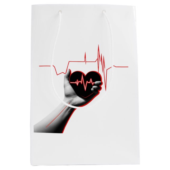 Sacola Para Presentes Média Heartbeat Love Design – Hand Holding Heart  (Frente)