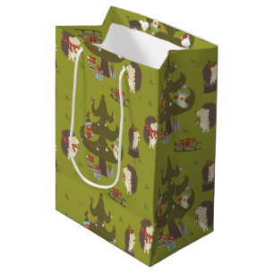Sacola Para Presentes Média Hedgehogs Bonitos com Árvore Xmas e Crianças Leigh