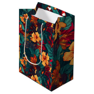 Sacola Para Presentes Média Hibisco Colorido, Floral Verde Amarelo Laranja