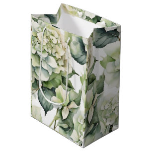 Sacola Para Presentes Média Hídrangas florais de cor branca esverdeada Elegant