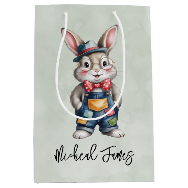 Sacola Para Presentes Média Hipster Bunny Boy Baby Shower (Frente)