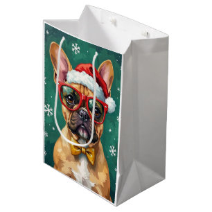 Sacola Para Presentes Média Hipster French Bulldog Óculos de Natal Moderno