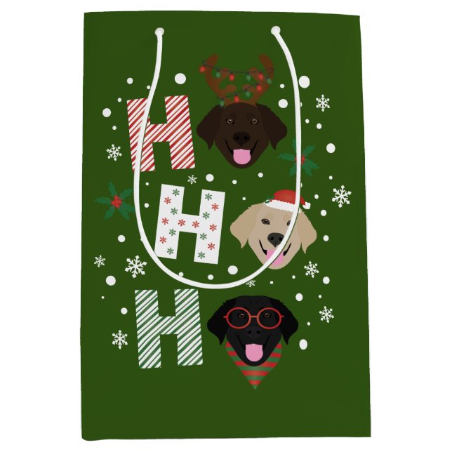 Sacola Para Presentes Média Ho Ho Labrador Retriever Feliz Natal (Frente)
