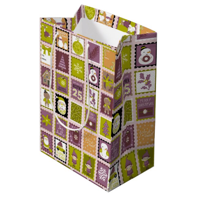 Sacola Para Presentes Média Holiday Stamps Christmas Wrapping Paper (Verso inclinado)