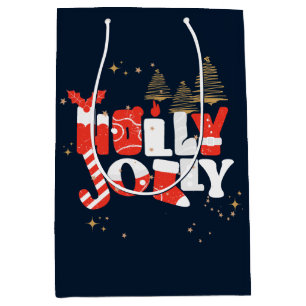 Sacola Para Presentes Média Holly Jolly Red White Natal Dourado Inverno