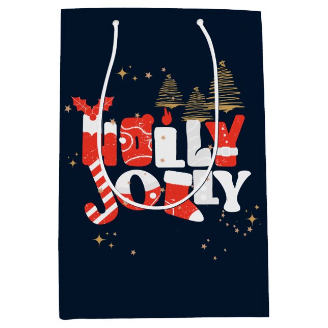 Sacola Para Presentes Média Holly Jolly Red White Natal Dourado Inverno (Frente)