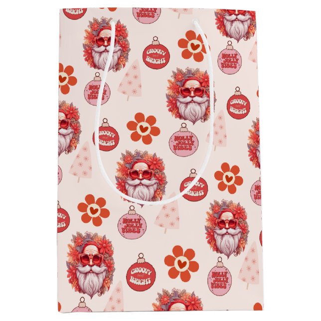 Sacola Para Presentes Média Holly Jolly Santa Vibes Pink Retro Holiday (Frente)