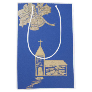 Sacola Para Presentes Média Holly twig e sinos, igreja de Natal em azul