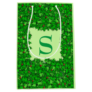 Sacola Para Presentes Média Holly Wreath com Monograma, Verde Escuro