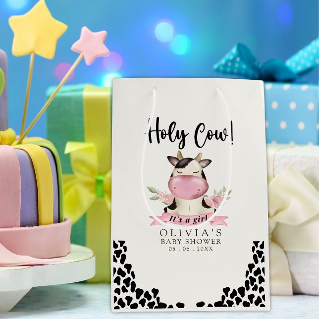 Sacola Para Presentes Média Holy Cow It's a Girl Cute Cow Baby shower (Criador carregado)