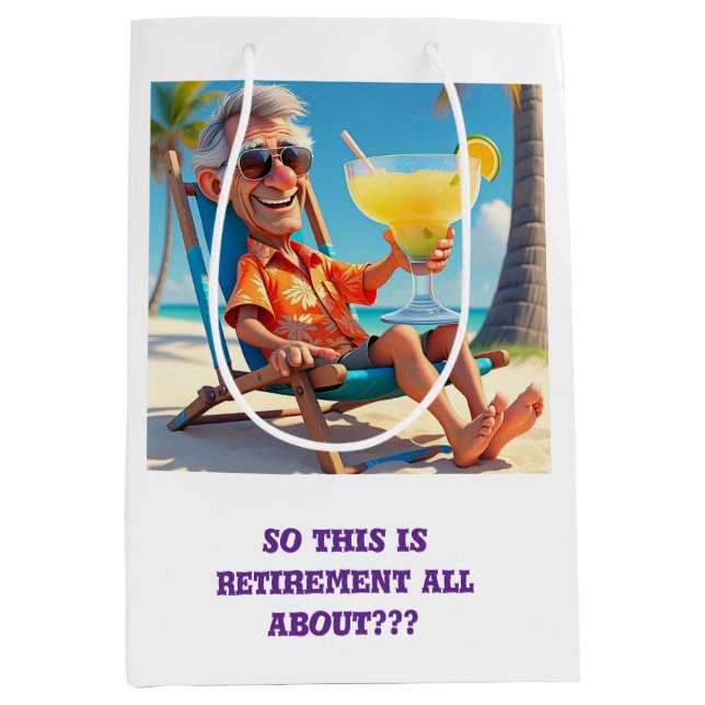 SACOLA PARA PRESENTES MÉDIA " HOMEM REFORMADO NA PRAIA " (Frente)