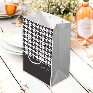 Sacola Para Presentes Média Houndstooth Branco e Preto Elegante Clássico