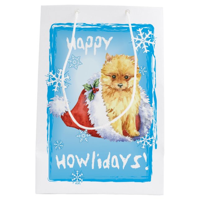 Sacola Para Presentes Média Howlidays feliz Pomeranian (Verso)