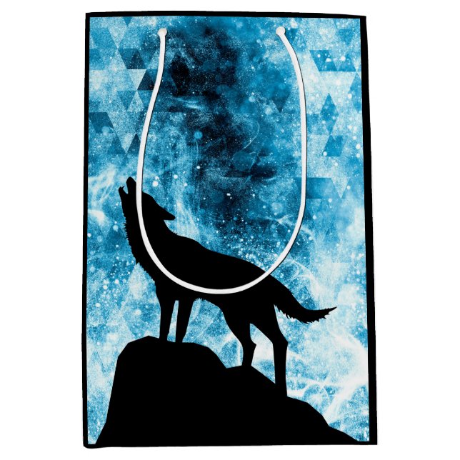 Sacola Para Presentes Média Howling Wolf Winter snowblue smoAbstrato (Frente)