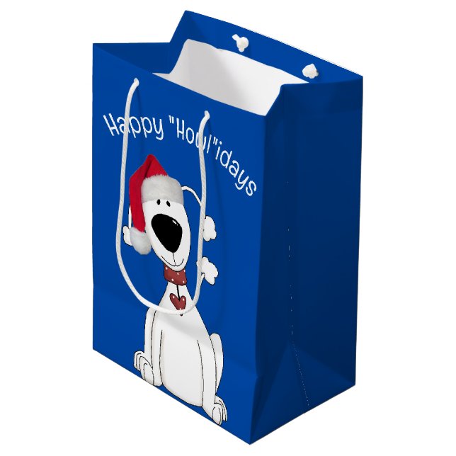 Sacola Para Presentes Média Humor De Cão De Natal Em Azul (Frente inclinada)