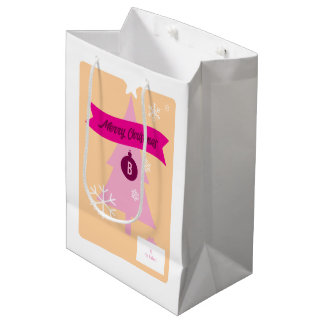 Sacola Para Presentes Média Ícones de Natal Monogramados Rosa Natal 