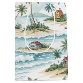 SACOLA PARA PRESENTES MÉDIA ILHA TROPICAL COM UMA CABANA DE PRAIA & ÁRVORES