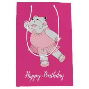 Sacola Para Presentes Média Illusima Ballerina Hippo Rosa com Texto