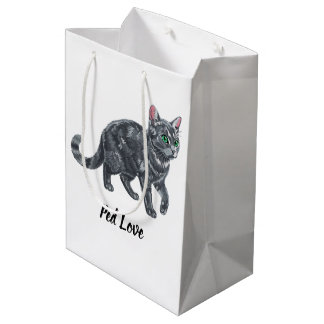 Sacola Para Presentes Média Ilustração de Gato Tabby Cinza Majestoso com Olhos