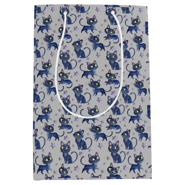 Sacola Para Presentes Média Ilustração do Dia das Bruxas em Aquarela com gatos (Frente)