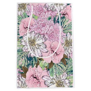 Sacola Para Presentes Média Ilustração Floral Branco e Rosa Brilhante