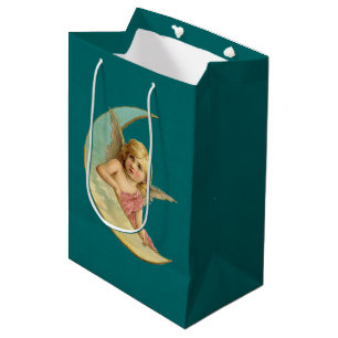 Sacola Para Presentes Média Imagem Vintage - Anjo Sentado em uma Lua Crescente