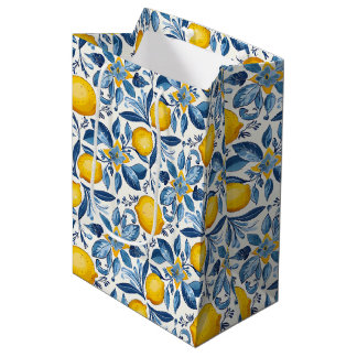 Sacola Para Presentes Média Impressão Botânica de Limão Azul e Amarelo de Verã