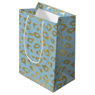 Sacola Para Presentes Média Impressão do Leopardo Azul Dourado