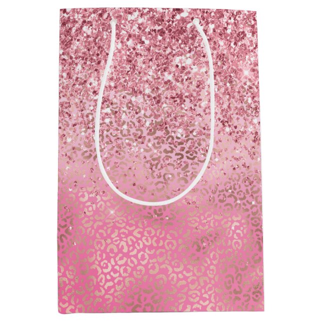 Sacola Para Presentes Média Impressão do Ombre-Leopardo Rosa Dourada Glitzy Br (Frente)