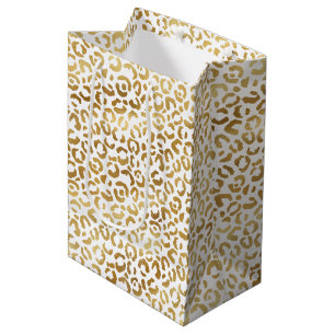 Sacola Para Presentes Média Impressão Dourada de Leopardo Branco