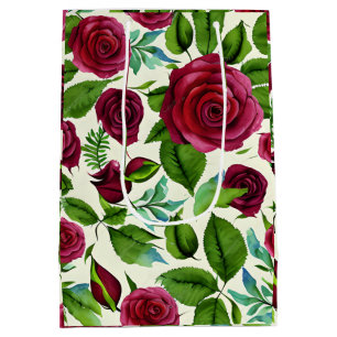 Sacola Para Presentes Média Impressão Floral Rosas Borgonha