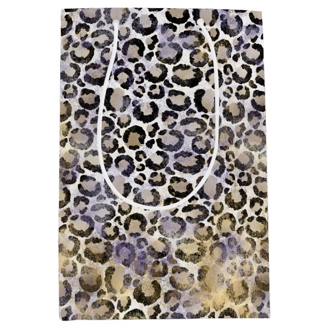 Sacola Para Presentes Média Impressão Leopardo Dourada Roxo (Frente)