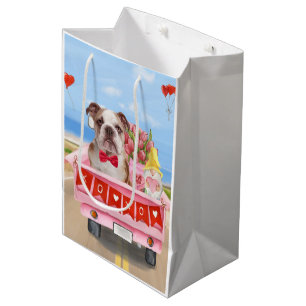 Sacola Para Presentes Média Inglês Bulldog Dia de os namorados Truck Hearts