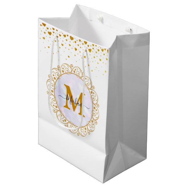 Sacola Para Presentes Média Inicial & Nome Elegante com Brilho Dourado (Frente inclinada)