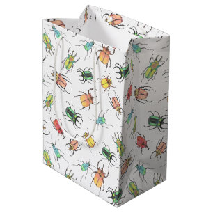 Sacola Para Presentes Média Insetos de Amor Besouros de Aquarela com Coraçõe