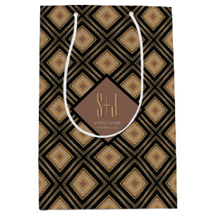Sacola Para Presentes Média Inspiração Art Déco Dourado Marrom Preto Padrão Ge