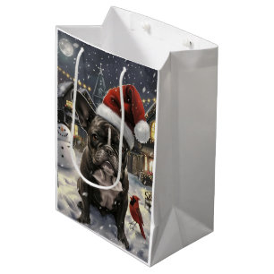 Sacola Para Presentes Média Inverno Mágico do Bulldog Francês Natal Alegria