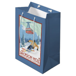 Sacola Para Presentes Média Jackson Hole, esquiador de Wyoming e bonde