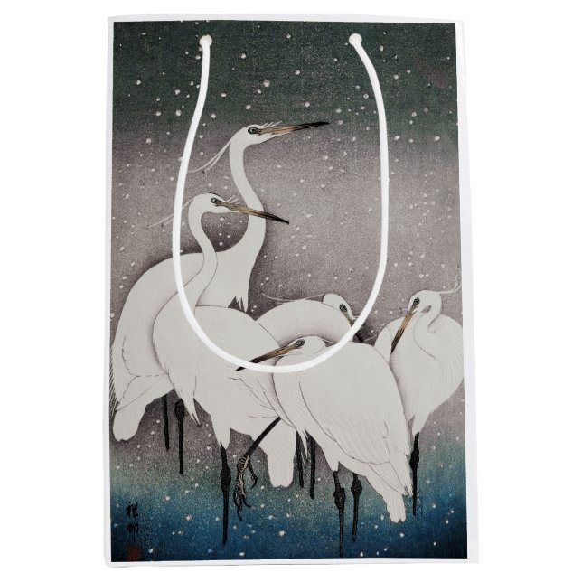 Sacola Para Presentes Média Japonês Egrets Koson Cranes Winter Snow (Frente)