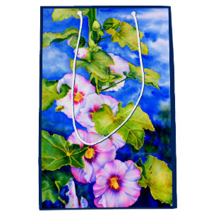 Sacola Para Presentes Média Jardim floral branco cor-de-água rosa elegante