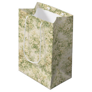 Sacola Para Presentes Média Jardim Floral de Coelho e Urso em Tom Verde Neutro