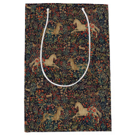 Sacola Para Presentes Média Jardim Floral de Unicórnio Medieval à Meia-Noite