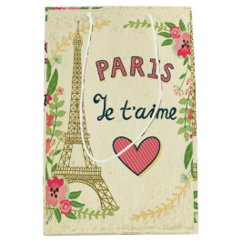 Sacola Para Presentes Média je t'aime,paris,vintage,eiffeltower,coração,flor,r