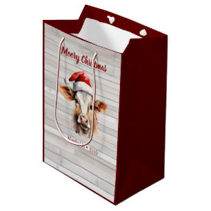 Sacola Para Presentes Média Jersey Cow Barn Wood "Moory Christmas"