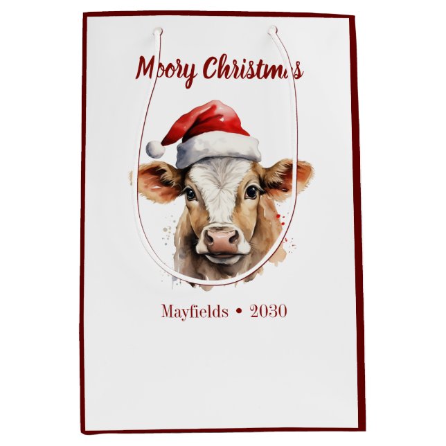 Sacola Para Presentes Média Jersey Cow "Moory Christmas" (Frente)