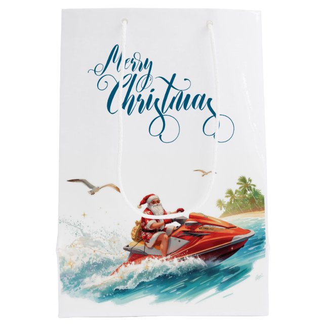 Sacola Para Presentes Média Jet Ski Christmas Holiday with Santa Claus (Verso)
